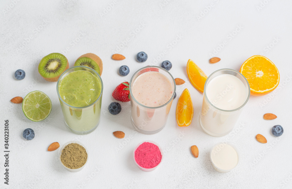Assorted vegetarian protein cocktails with ingredients. Protein Shake. Sports nutrition and healthy lifestyle concept. Assorted vegetarian protein cocktails with ingredients. Protein Shake. Sports nutrition and healthy lifestyle concept.