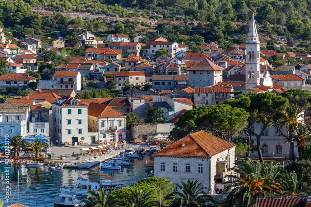 JELSA / CROATIA - AUGUST 2015: View to the bay of small Jelsa town on Hvar island, Croatia
