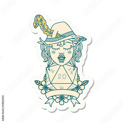 elf bard with natural twenty dice roll sticker
