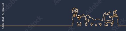 Young woman sunbathing on a beach. Silhouette of the relaxing girl on a Miami text. Palm and lifeguard tower on backdrop. Birds in the sky. Horizontal thin line style web banner
