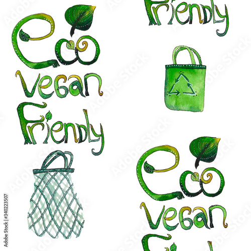 Seamless pattern with letters hand drawn hrase: eco vegan friendly with shopping bags. Texture for textile, wrapping paper, etc. photo