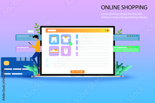 Concept of online shopping, young man standing near credit card and laptop, display contain list of products, description, customer rating and reviews to find a new shirt in pastel color background.