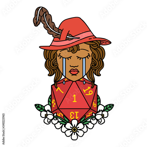 crying human bard with natural one D20 dice roll illustration