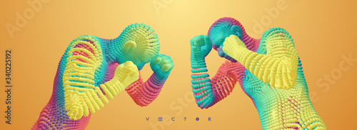 Two boxer before a fight. Sport competition template. Vector illustration composed of particles.
