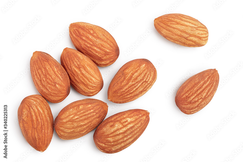 Almonds nuts isolated on white background with clipping path and full depth of field. Top view. Flat lay Almonds nuts isolated on white background with clipping path and full depth of field. Top view. Flat lay
