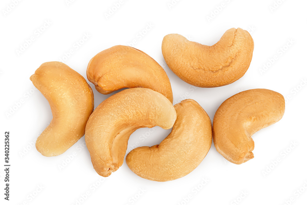 Roasted Cashew nuts isolated on white background with clipping path and full depth of field. Top view. Flat lay