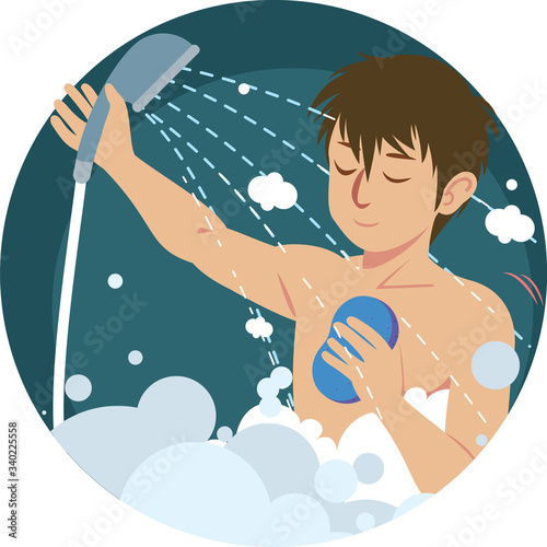 Man taking a shower washing body with soap product under water falling from the rain shower head. Morning routine lifestyle guy showering.