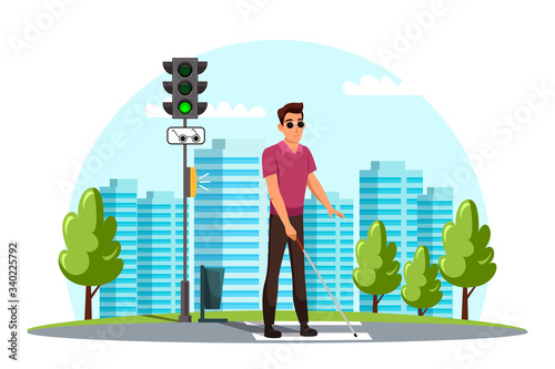 Vector blind pedestrian crosses crosswalk