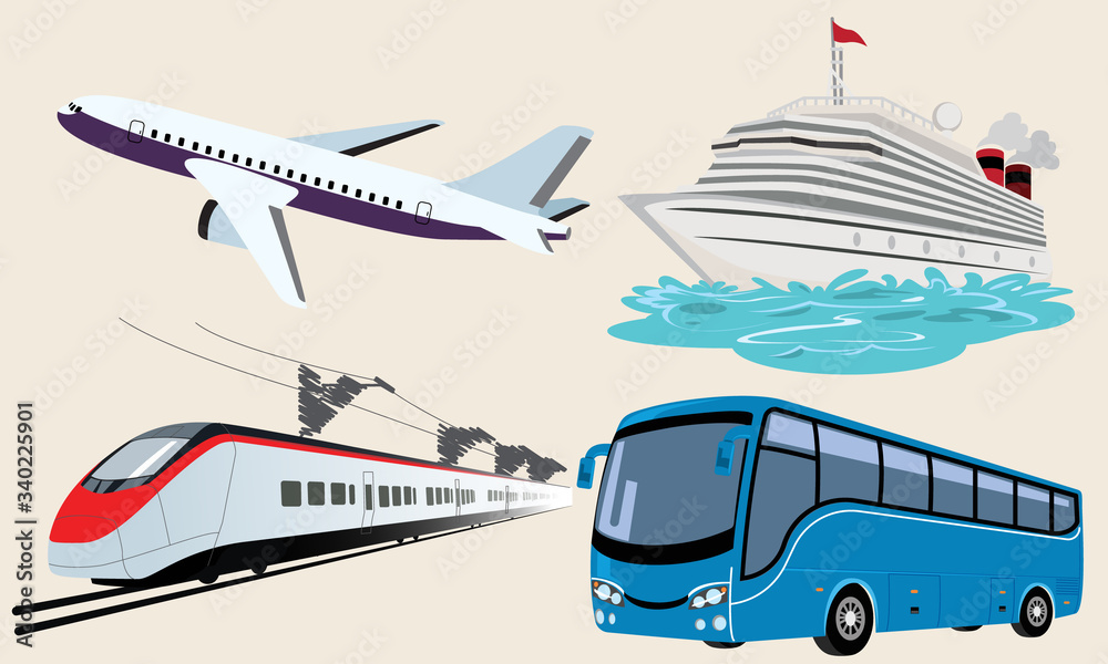 Transportation vector Airplane, Public bus, Train, ShipFerry. Shipping ...