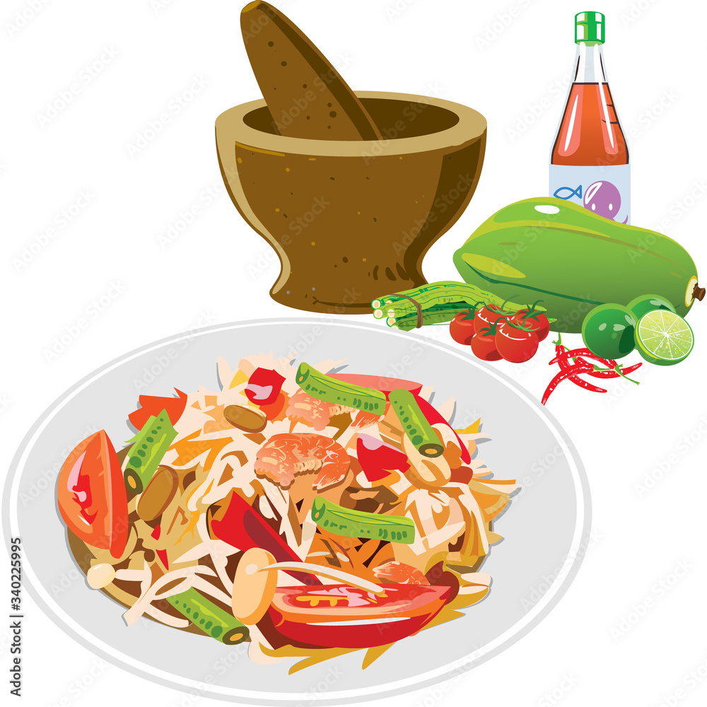 Vector of Green Papaya Salad (Som tum Thai) isolate. Stock Vector