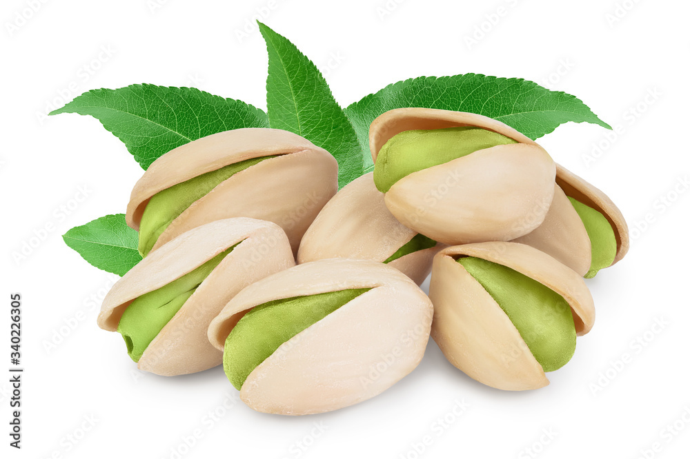 pistachio with leaves isolated on white background with clipping path and full depth of field pistachio with leaves isolated on white background with clipping path and full depth of field