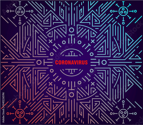 Vector abstract coronavirus covid-19 linear illustration, geometric poster, card, print, banner, cover, background. Cell Icon, 2019-nCoV border