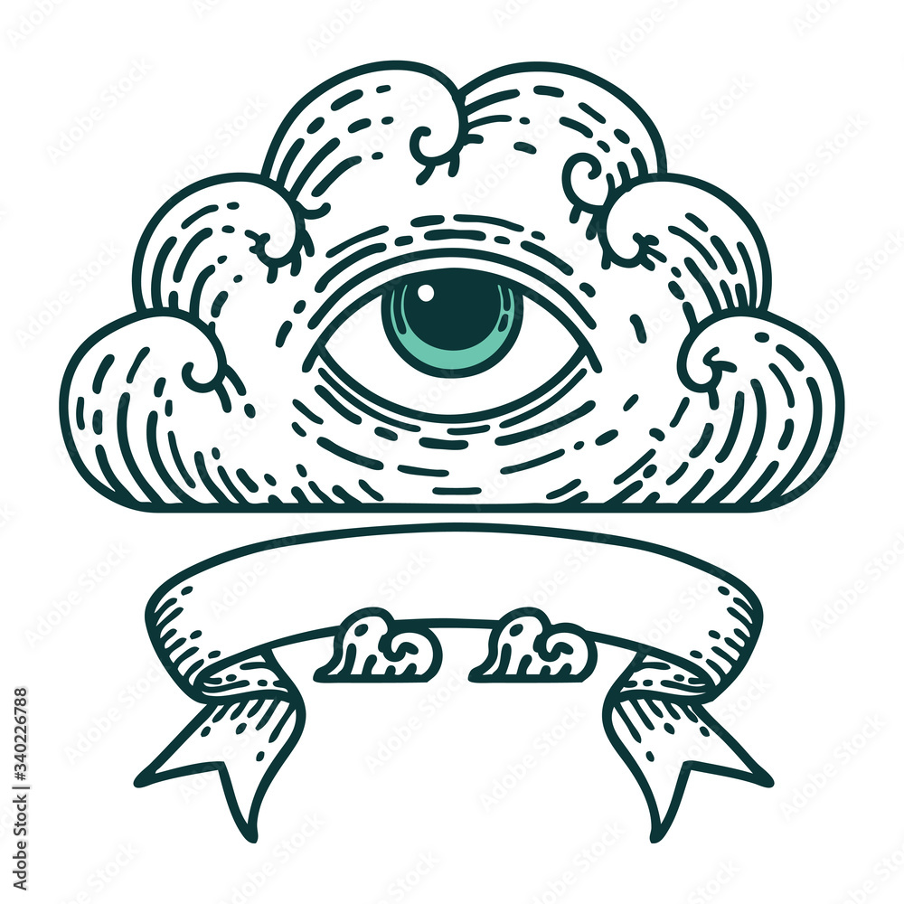 tattoo with banner of an all seeing eye cloud