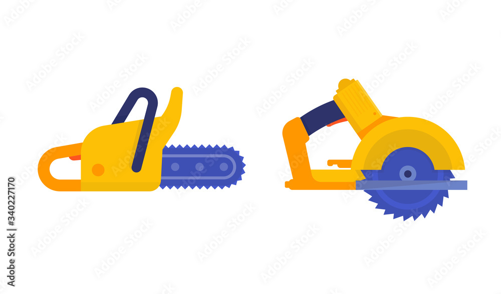 Chainsaw and circular saw icons on white Chainsaw and circular saw icons on white