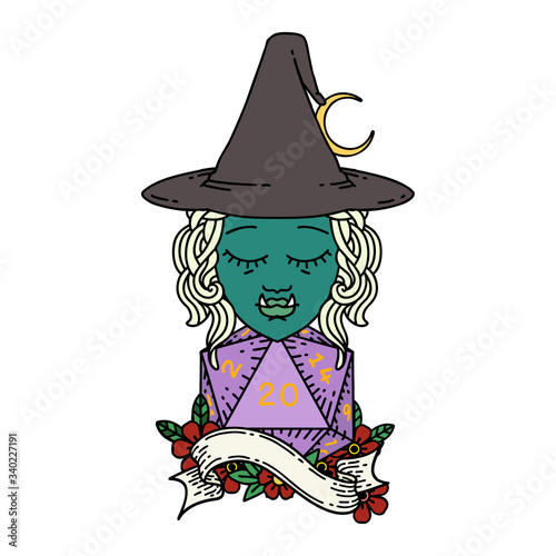 half orc mage with natural 20 dice roll illustration