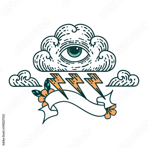 tattoo with banner of an all seeing eye cloud