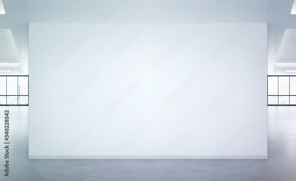 Blank wall in bright office mockup with large windows and sun passing through 3D rendering - obrazy, fototapety, plakaty 