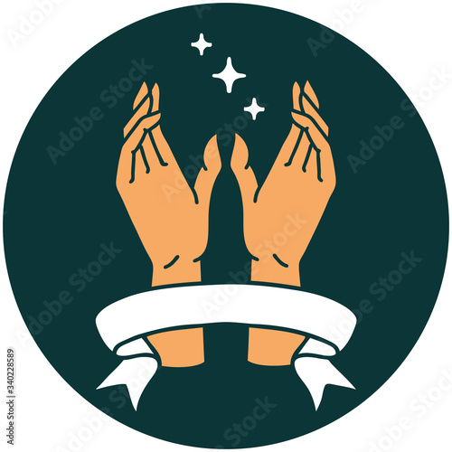 icon with banner of reaching hands