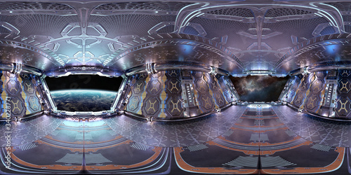 Fototapeta Naklejka Na Ścianę i Meble -  High resolution HDRI panoramic view of a spaceship interior. 360 panorama reflection mapping of a futuristic spacecraft room 3D rendering