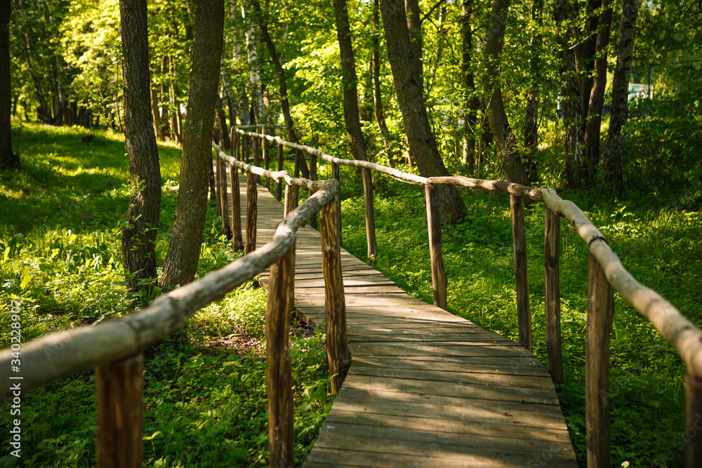 Fototapeta premium Wooden bridge in the forest to the farmhouse. Path through the forest Park