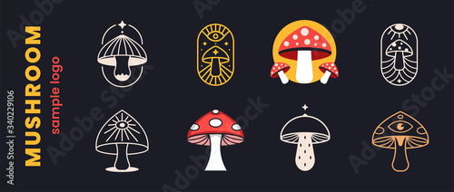 Mushrooms set logo farm organic design. Fungi medicine agriculture symbol design on a black background. Vector illustration.