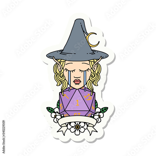 crying elf mage character with natural one dice roll sticker