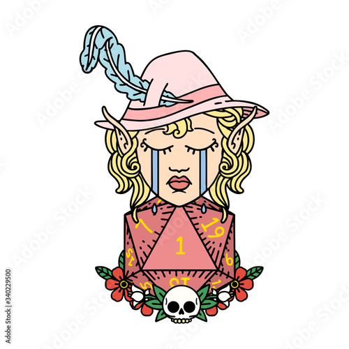 crying elf bard character with natural one D20 roll illustration