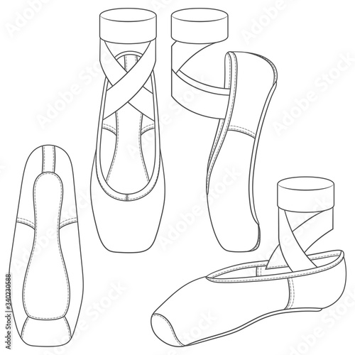 Set of black and white illustrations with pointe shoes, ballet shoes. Isolated vector objects on a white background.