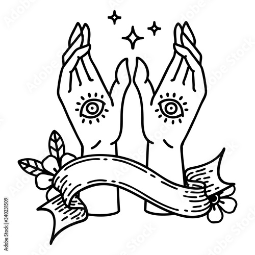 black linework tattoo with banner of mystic hands