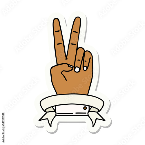 peace two finger hand gesture with banner sticker