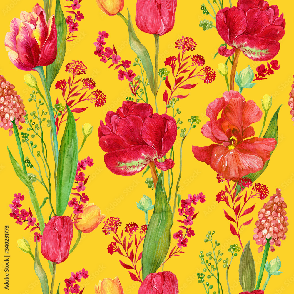 Tulips on a yellow background.Floral seamless pattern .ornament print for printing on fabric