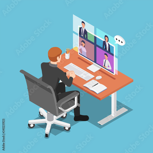 Isometric businessman talking to his colleagues in video conference