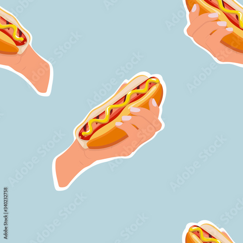 Seamless fast food pattern of hot dogs with buns in hand, grilled sausages, spicy mustard sauce isolated on light blue background. Colorful sandwiches vector pattern for street food or takeaway menu
