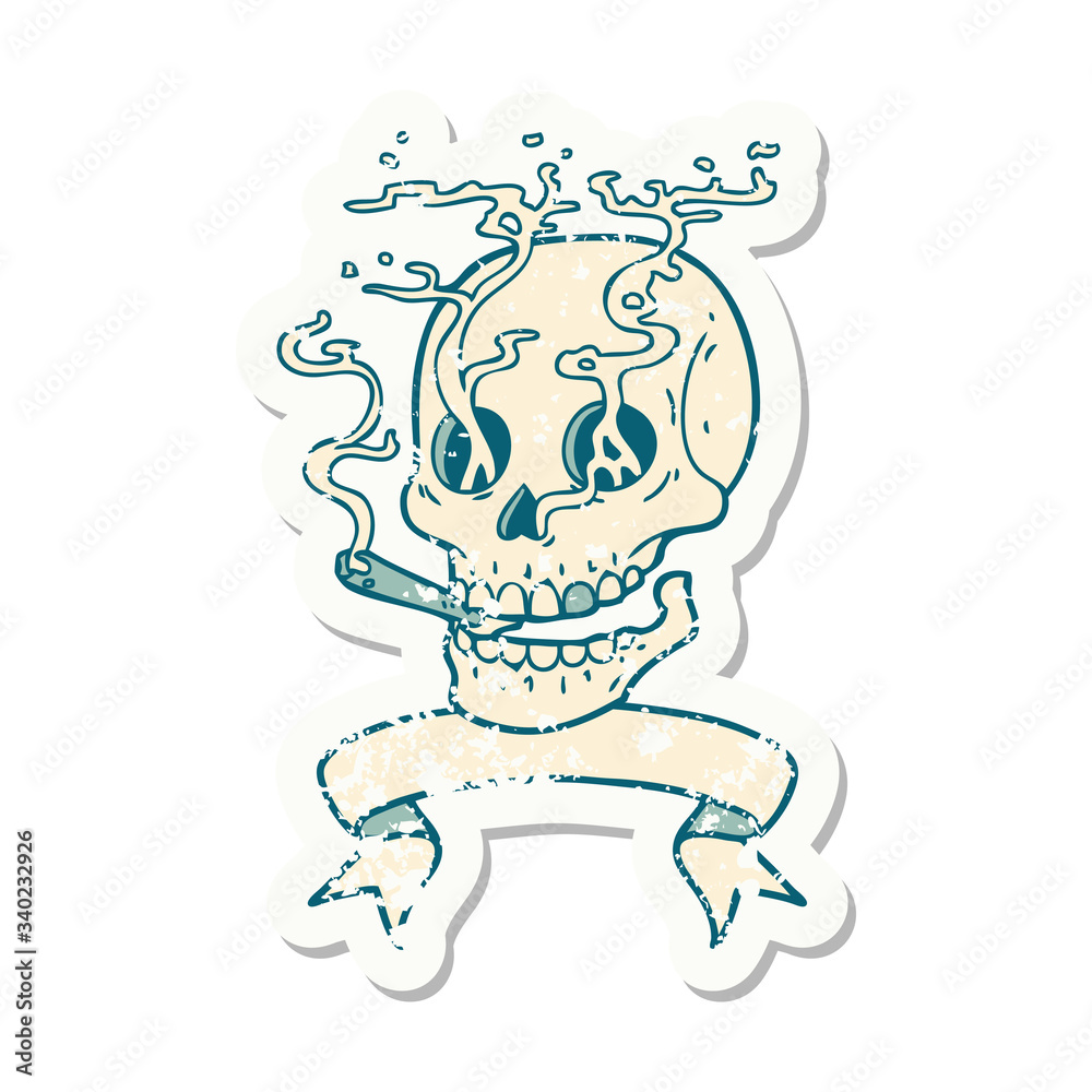 grunge sticker with banner of a skull smoking
