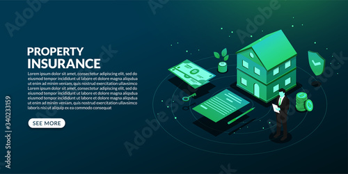 Isometric property insurance background, House loan, rent and mortgage concept