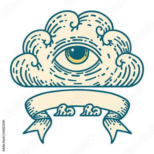 tattoo with banner of an all seeing eye cloud