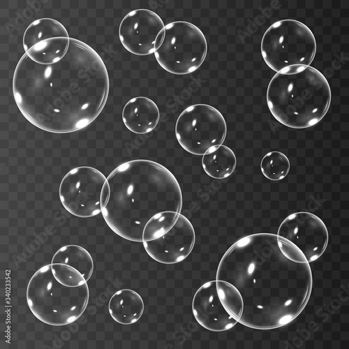 Realistic soap bubbles with rainbow reflection set of isolated vector illustrations.