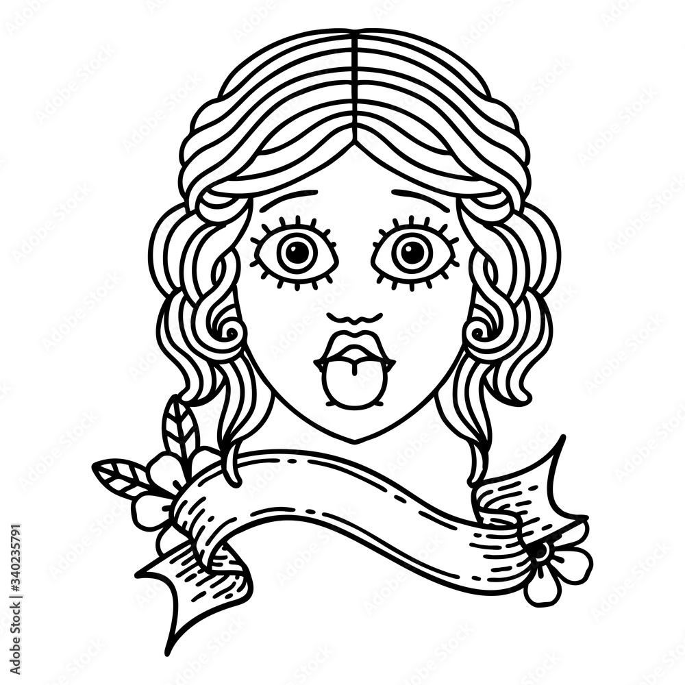 black linework tattoo with banner of female face sticking out tongue black linework tattoo with banner of female face sticking out tongue