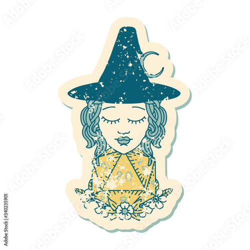 human witch with natural twenty dice roll illustration