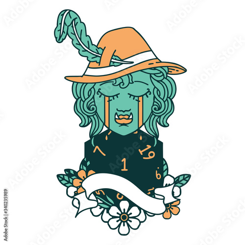 crying orc bard character with natural one D20 roll illustration