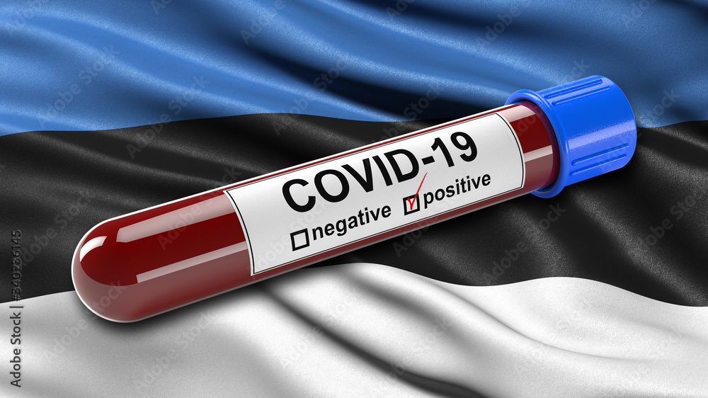 Obraz premium Flag of Estonia waving in the wind with a positive Covid-19 blood test tube. 3D illustration concept for blood testing for diagnosis of the new Corona virus.