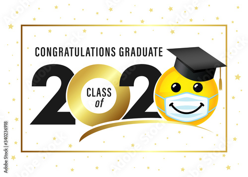 Graduating class of 2020 with smile in academic cap & medical mask. Yellow smiling emoji wearing a white surgical mask. Vector joy emoticon icon photo