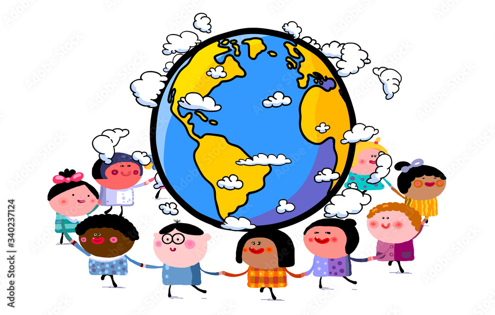 Naklejka premium Children day or Earth day. Happy children of different nations and skin colour dancing together in a circle holding their hands around the earth globe with cute clouds. Party, celebration, etc...