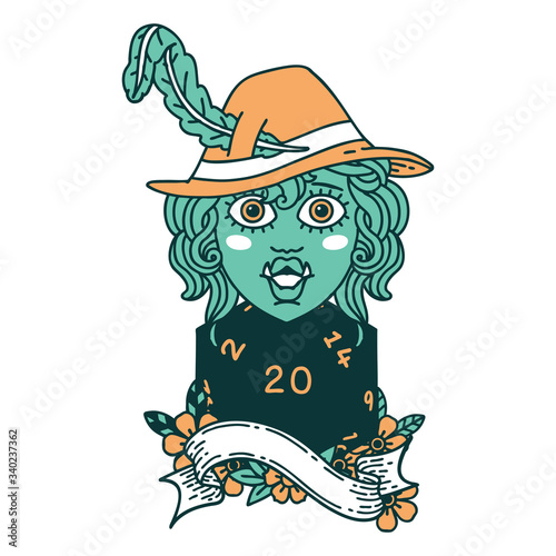 singing half orc bard with natural twenty dice roll illustration