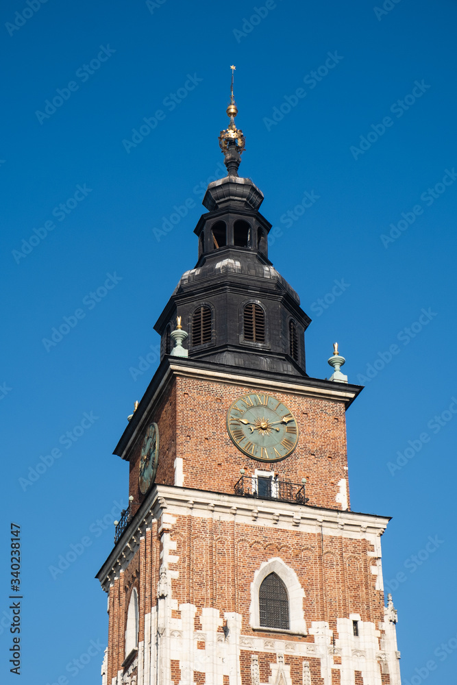 City Hall Tower at main Market Square in center of Krakow, Poland