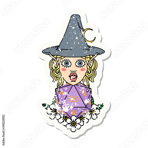 elf mage character with natural twenty dice roll grunge sticker