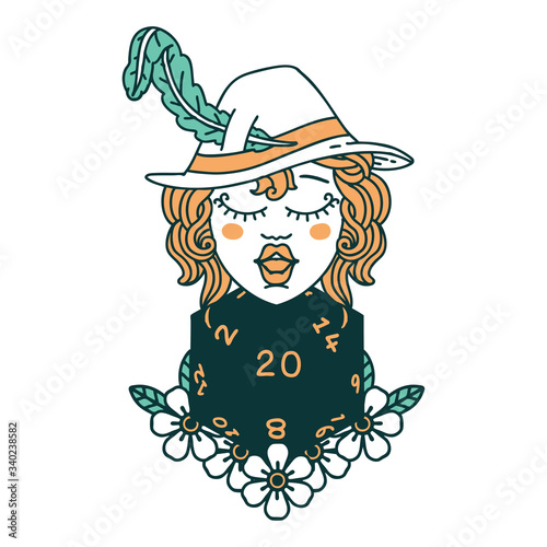 human bard with natural 20 dice roll illustration
