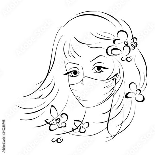 coronavirus 1. portrait of a young woman in a medical mask and with flowers in her hair in black lines on a white background
