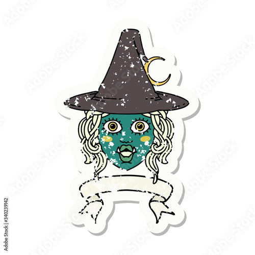half orc witch character face with banner illustration