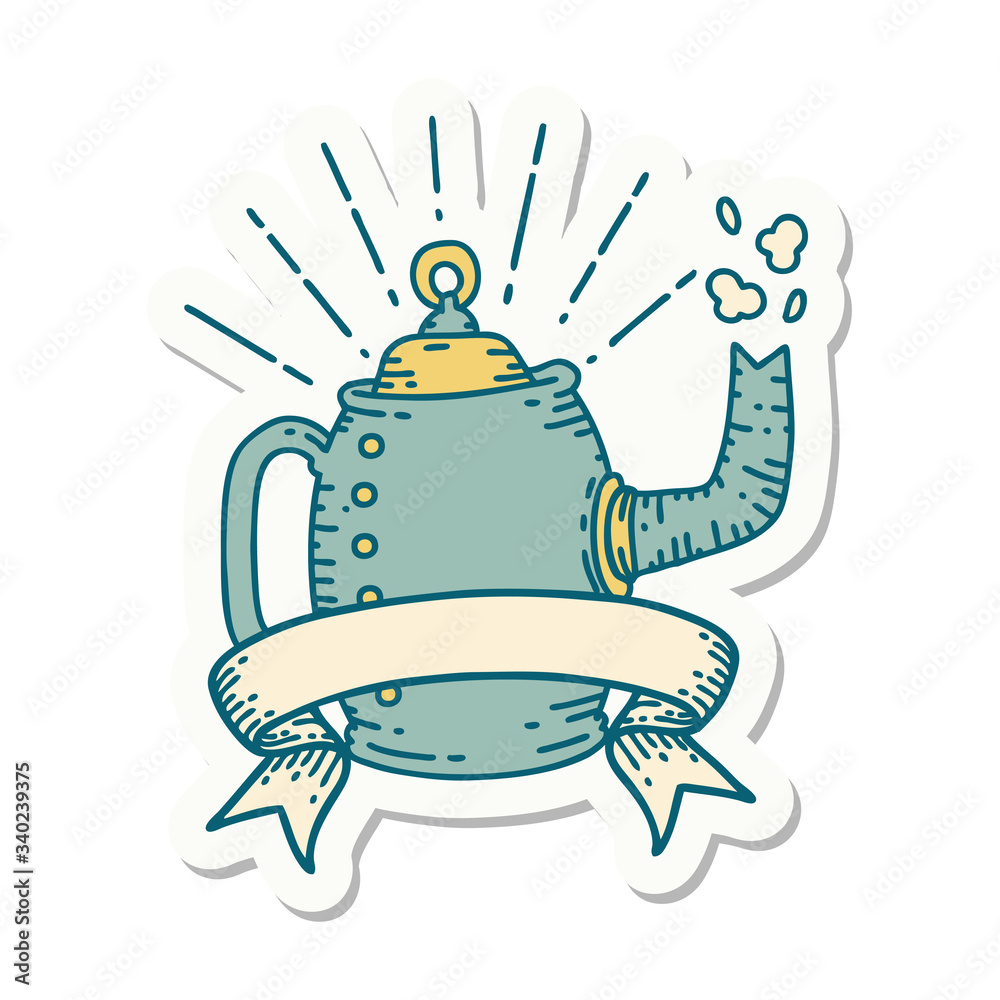 sticker of tattoo style old coffee pot steaming sticker of tattoo style old coffee pot steaming